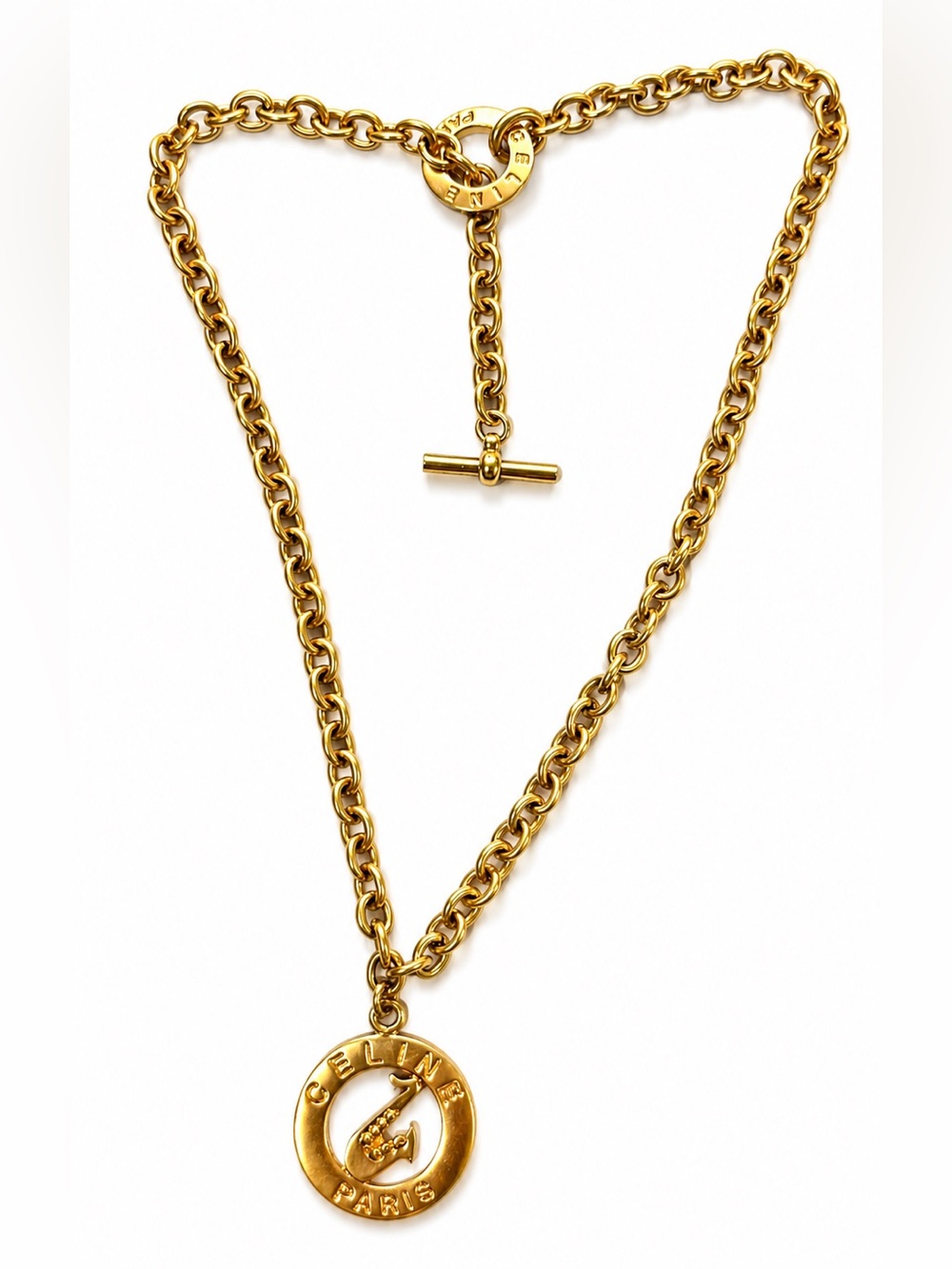 CELINE Paris Gold-Tone Toggle Chain Medallion Necklace / Vintage - Picture 3 of 7